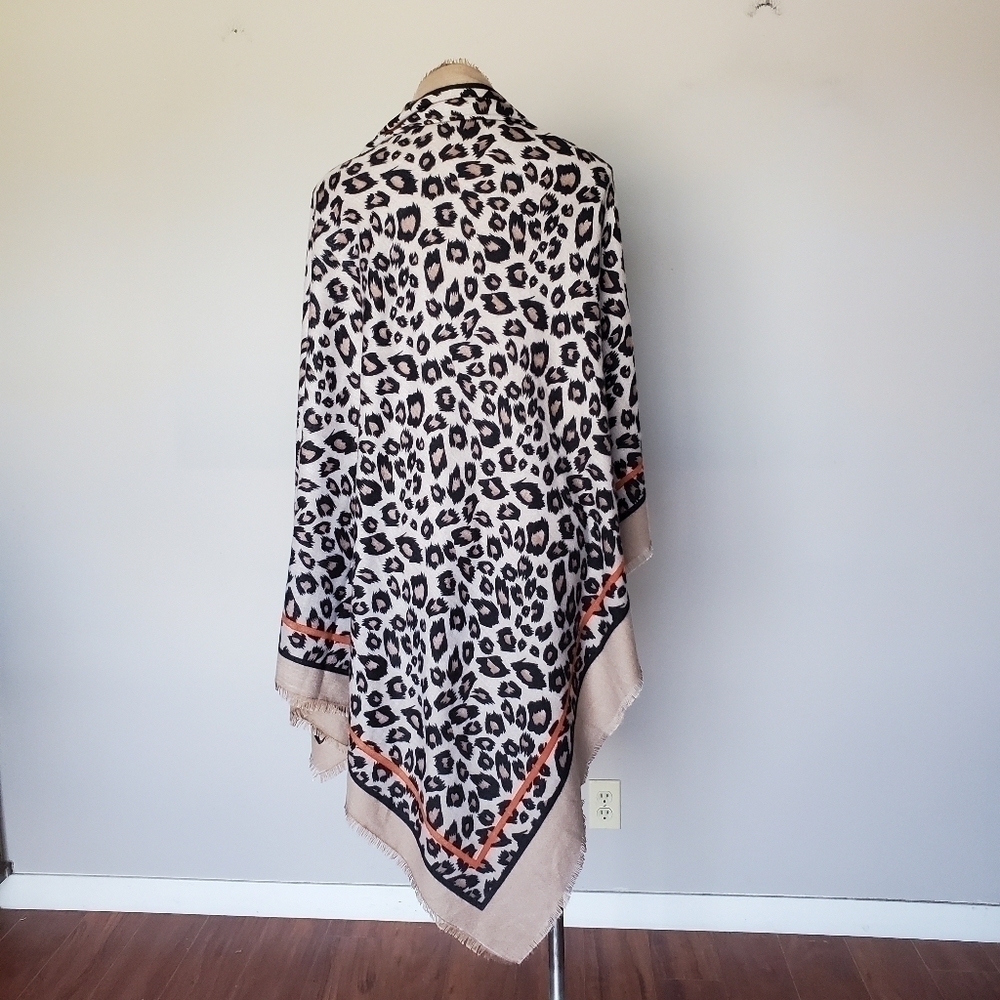 Boho Leopard Cheetah Animal Print Square Wool Scarf Wrap Shawl Raw Hem Trim